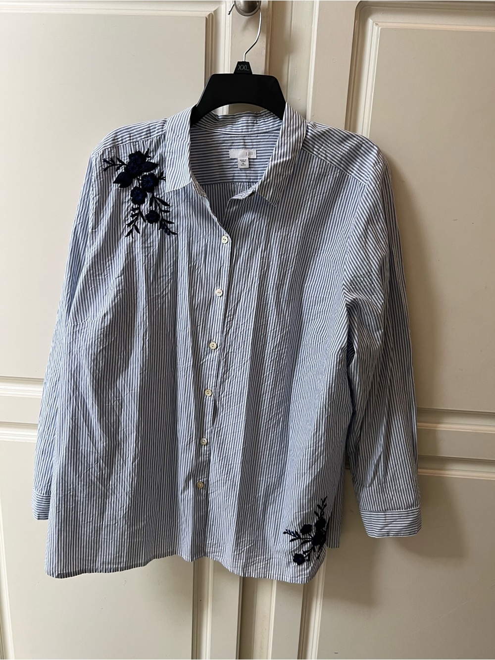 J. Jill Blue and White Striped Embroidered Button-Down Shirt